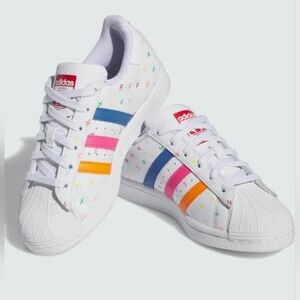 Adidas Superstar White Sneakers w/Colorful Stripes Juniors Size 7 Style# ID9806